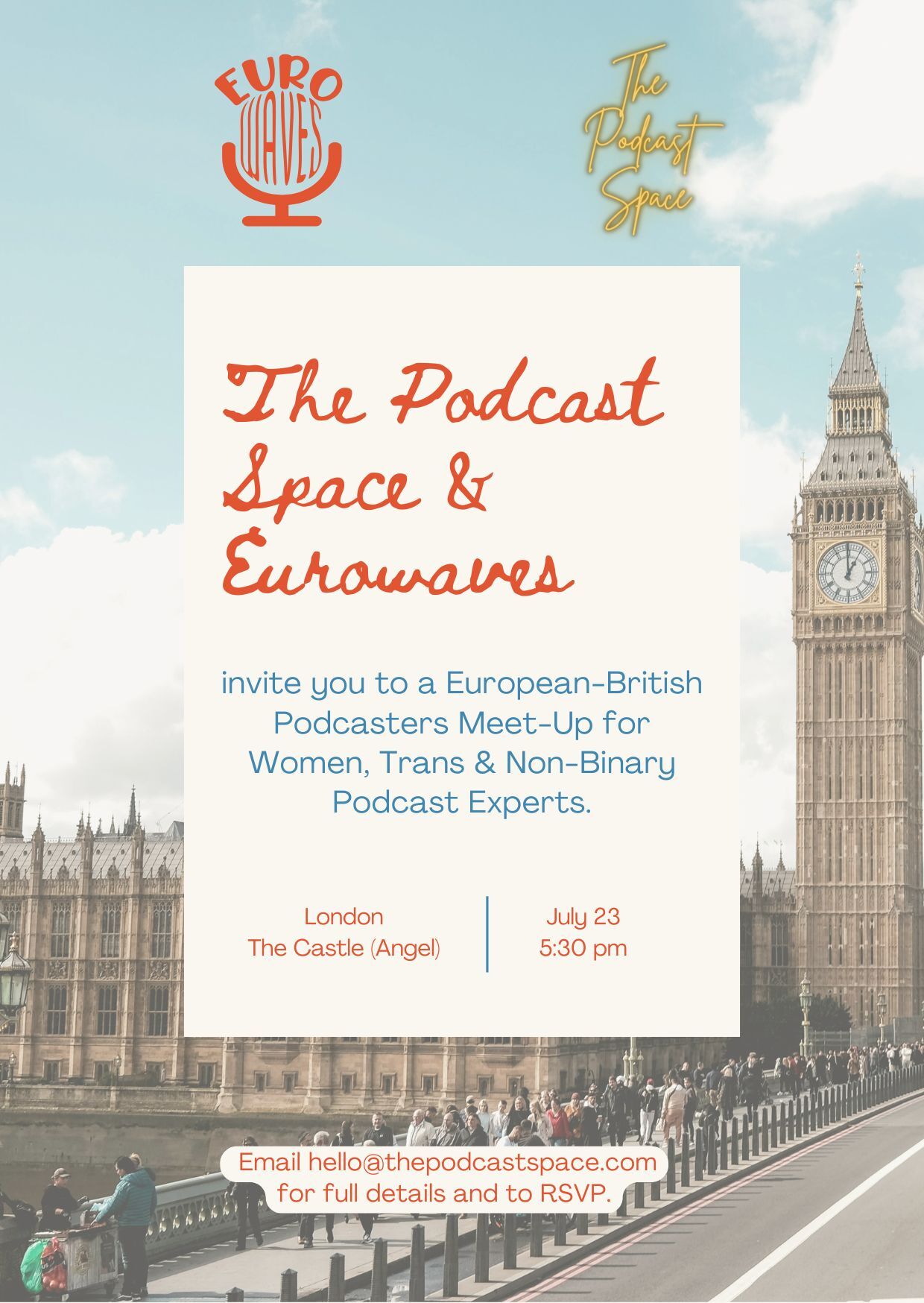 Poster: The Podcast Space & Eurowaves invite you to a European-British podcasters meet-up for women, trans and non-binary podcast experts — London, The Castle (Angel), July 23 at 5:30pm
